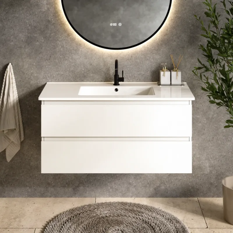 Badezimmermöbel Varo - 100 cm - Weiß - Weißes Waschbecken