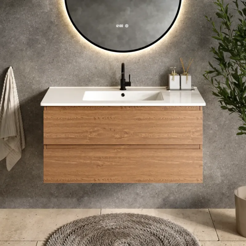 Badezimmermöbel Varo - 100 cm - Warm Eiche - Weißes Waschbecken