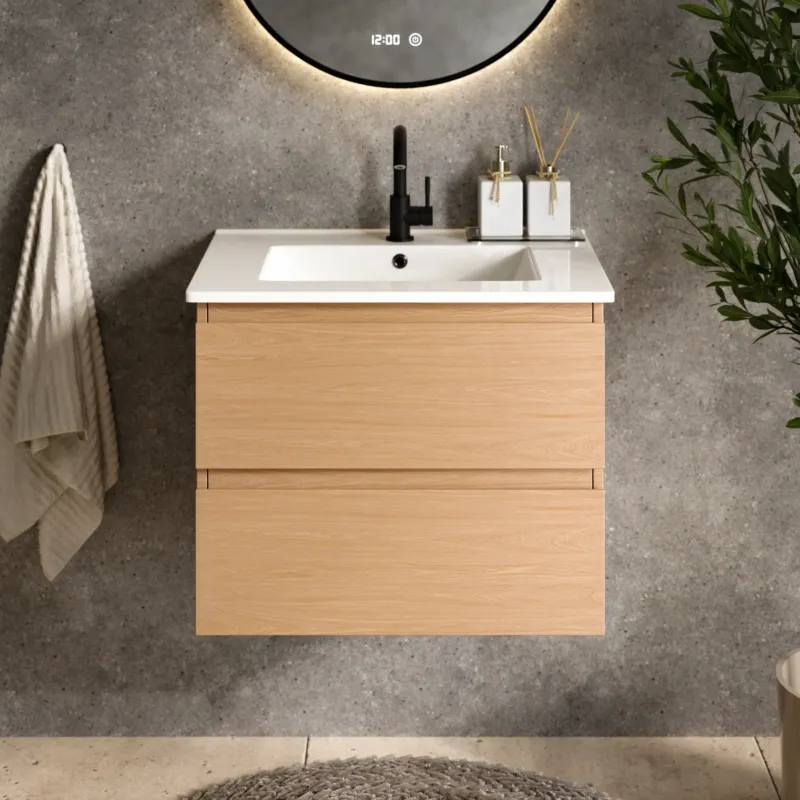 Badezimmermöbel Norvi - 60 cm - Helle Eiche - Weißes Waschbecken