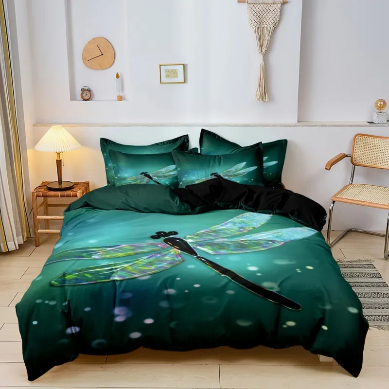 Dragonfly Duvet Set Emerald Green Nature Print - Product showcase