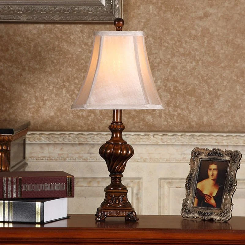 Traditional Table Lamp Carved Wood Base With Cream Shade - Product showcase
