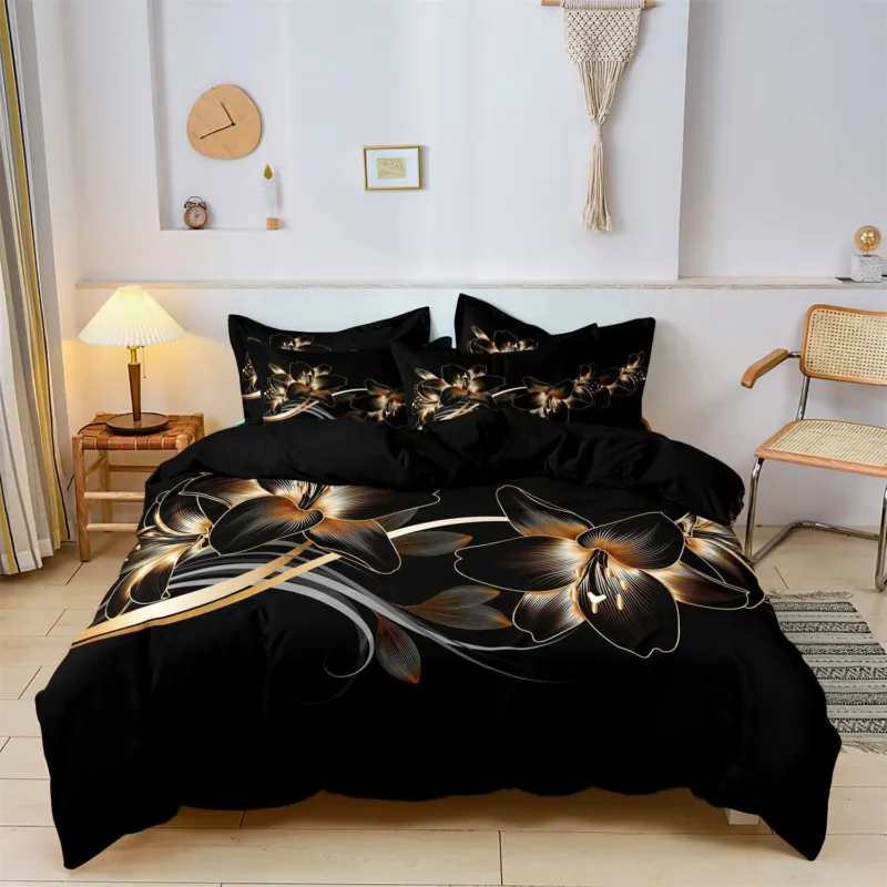 Luxury Floral Duvet Set Black Gold Botanical Print - Product showcase