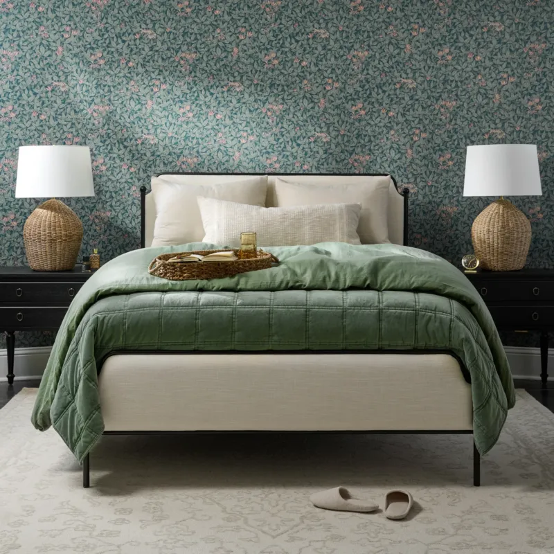 Colette bed in bedroom with floral wallpaper and dusty green cotton duvet
