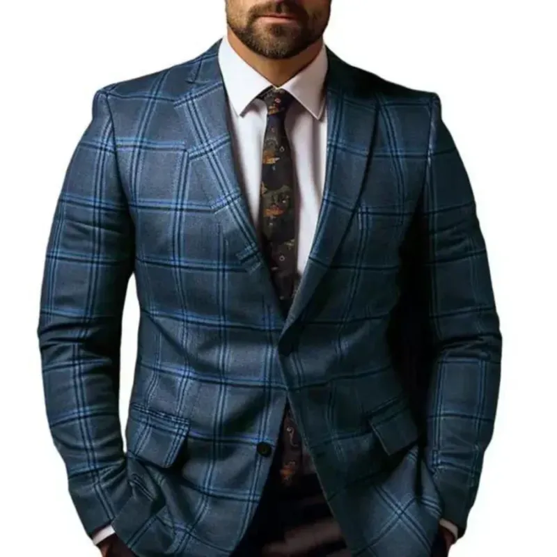 Modern Plaid Blazer Navy Blue Windowpane Check Pattern - Product showcase