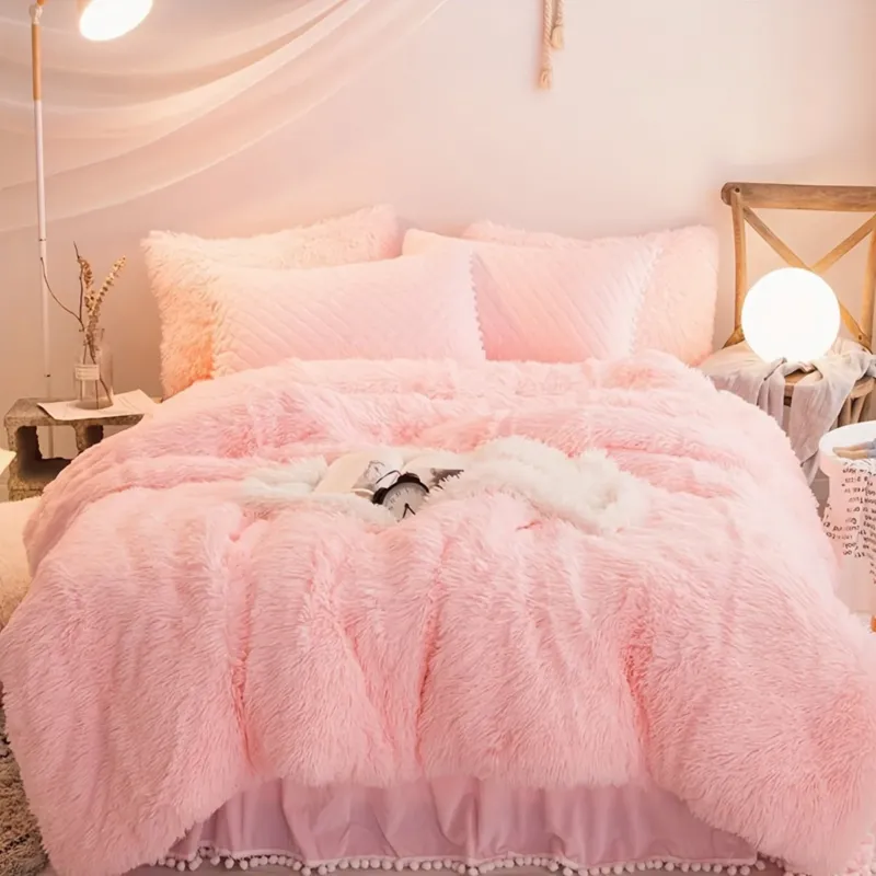 Plush Velvet Bedding Set Soft Pink Duvet Cover with Pompom Trim - Product showcase