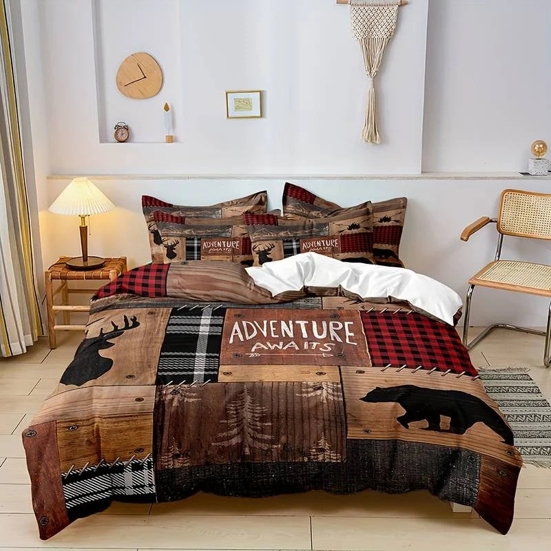 Rustic Forest Bedding Set Buffalo Plaid Wildlife Pattern - Product showcase
