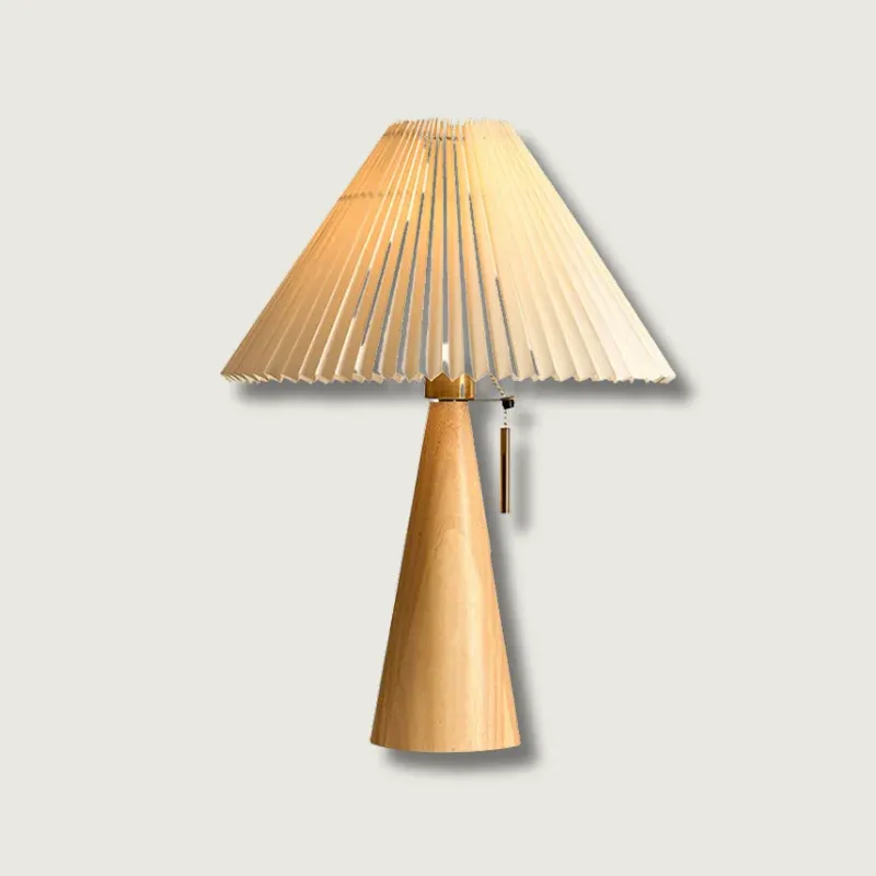 Wooden Table Lamp Pleated Linen Shade Mid-Century Design - Product showcase