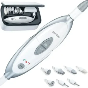 Sanitas SMA 35 Elektrische nagelvijl - Nagelfrees - Elektrische Manicure en Pedicure set - 7 Opzetstukken – Opbergtas – Beschermkap - 2 Standen – Links- en rechts draaiend - Wit/zilver - Verpakking beschadigd