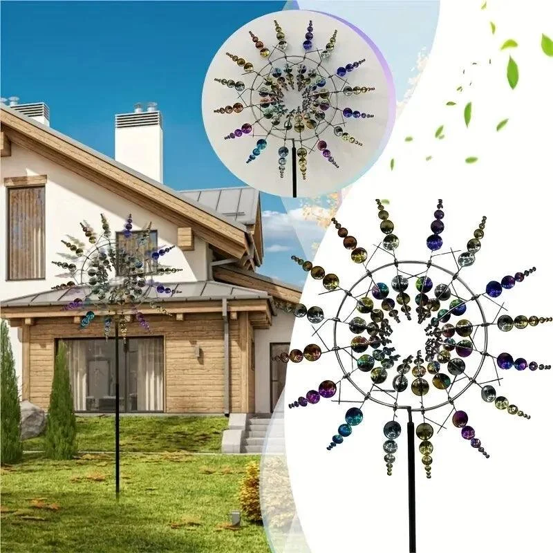 Kinetic Wind Spinner Iridescent Metal Garden Sculpture - Detailed view