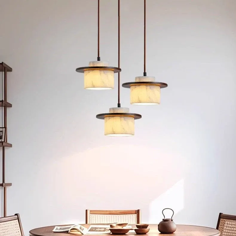 Modern Marble Pendant Light Alabaster Stone with Wood Trim - Product showcase