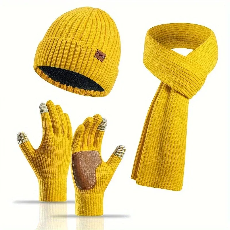 Ribbed Winter Accessories Set Soft Knit Hat Scarf Gloves with Leather Details - Product detail 4