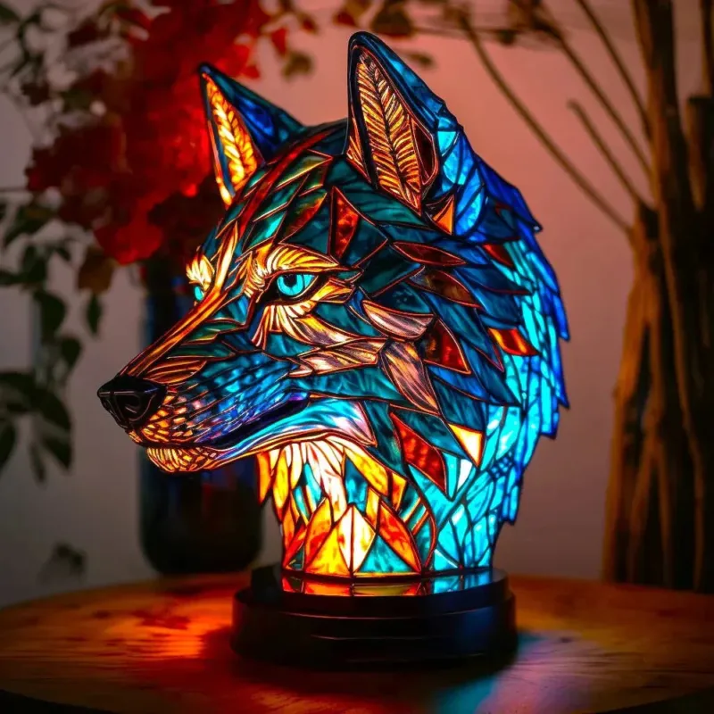Stained Glass Table Lamp Wolf Design with Mosaic Pattern - Product showcase