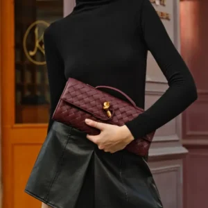 Woven Leather Clutch Burgundy Interlaced Pattern - Product showcase