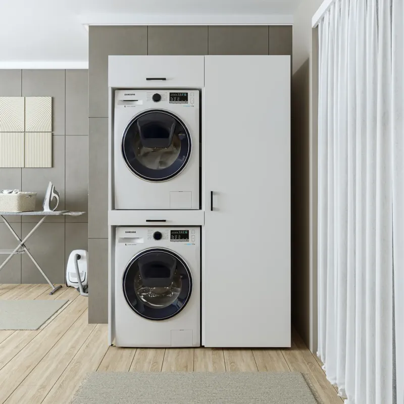 Waschmaschinenschrank DUO-I in Weiß mit Hochschrank und Ausziehbrett