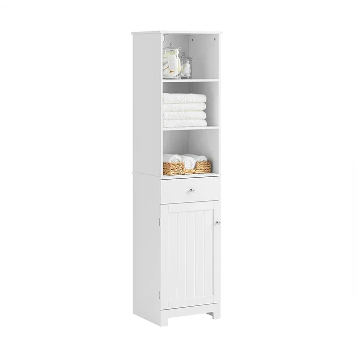 SoBuy Platzsparender Badschrank | Hochschrank mit Schublade & Fächern | 40x161x35cm Weiß | BZR17-W