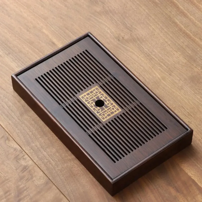 Bamboo Tea Tray Dark Wood Drainage Design - Product showcase