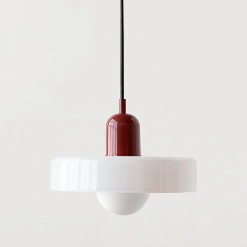 Modern Pendant Light White Glass Disc with Red Accent - Product showcase