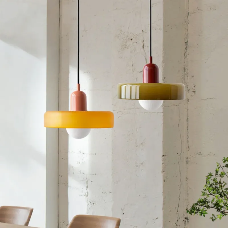 Modern Pendant Light White Glass Disc with Red Accent - Detailed view