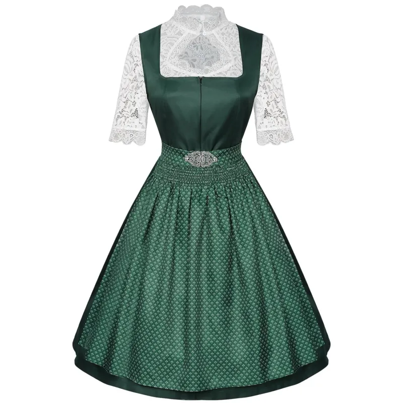Traditional Dirndl Dress Emerald Green With Lace Blouse Apron - Detailed view