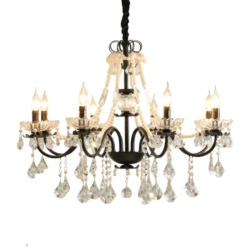 French Crystal Chandelier Black Metal Frame With Crystal Droplets - Product showcase