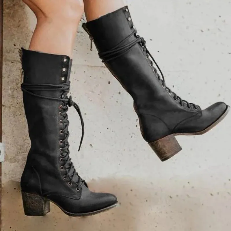 Vintage Lace Up Boots Black Leather Knee High Chunky Heel - Product showcase