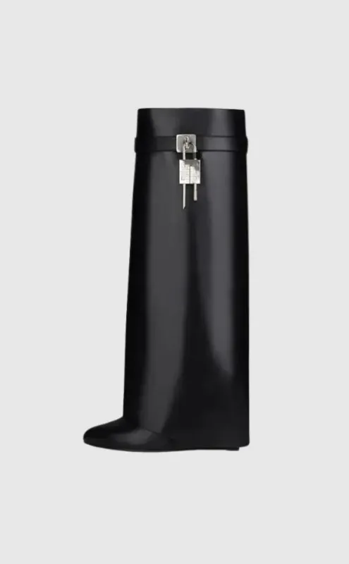 Modern Wedge Boots Black Vegan Leather With Lock Detail - Product showcase