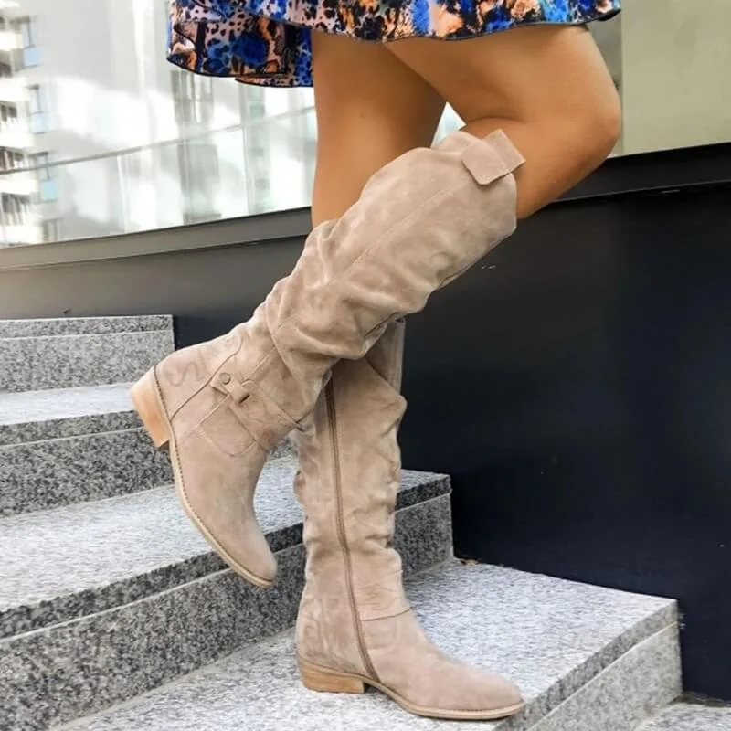Suede Knee High Boots Classic Slouch Design With Side Buckle - Product showcase