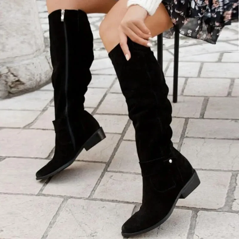 Suede Knee High Boots Classic Slouch Design With Side Buckle - Product detail 4