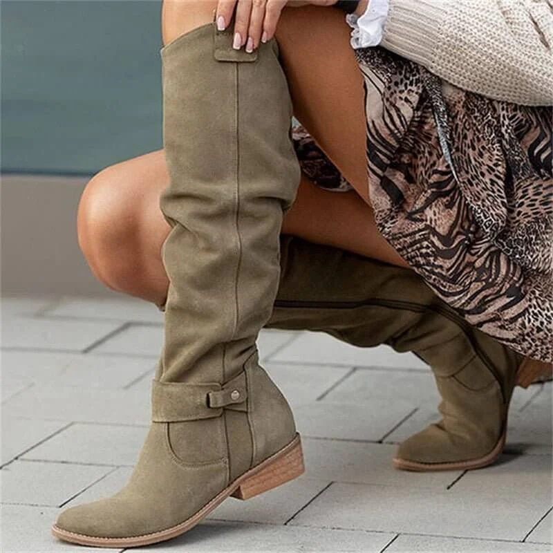 Suede Knee High Boots Classic Slouch Design With Side Buckle - Product example