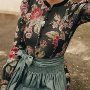 Vintage Floral Dirndl Dress Traditional Black With Sage Apron - Product showcase