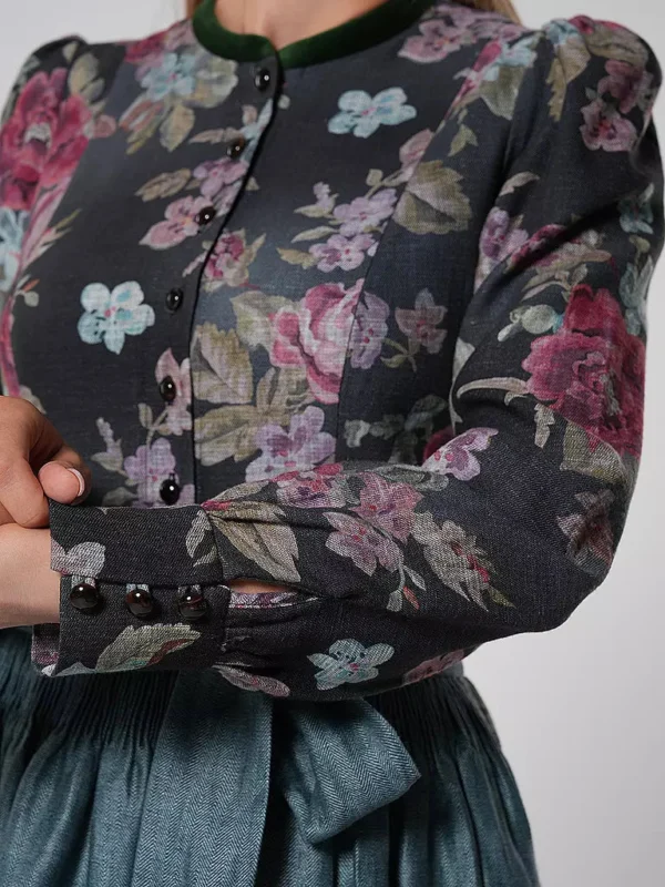 Vintage Floral Dirndl Dress Traditional Black With Sage Apron - Product detail 4