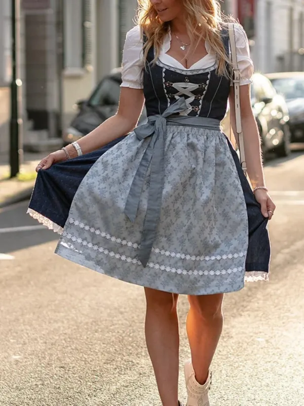 Traditional Dirndl Dress Navy Blue Cotton With Floral Apron - Product detail 4