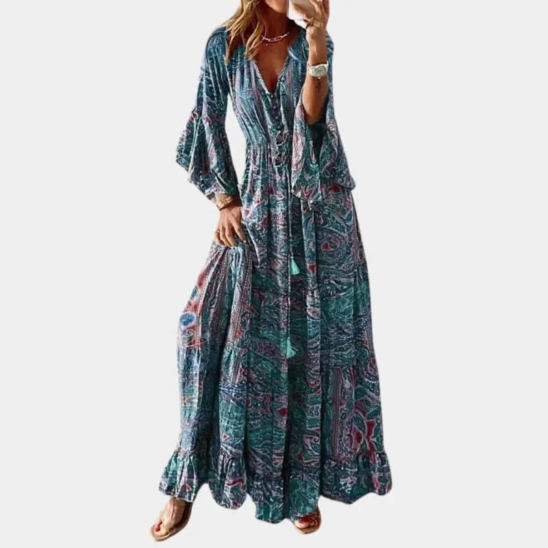 Bohemian Maxi Dress Floral Bell Sleeve V-Neck Design - Product showcase