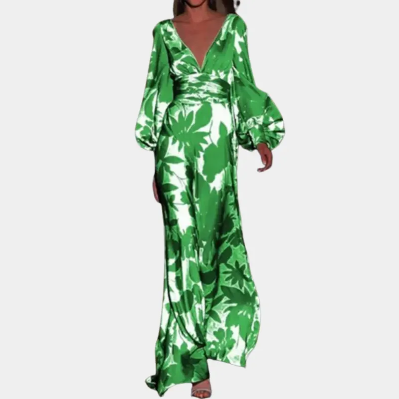 Tropical Maxi Dress Emerald Palm Print with Balloon Sleeves - Product showcase