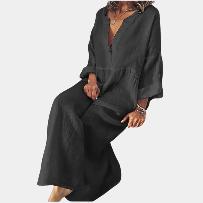 Cotton Maxi Dress V-Neck Loose Fit Design - Product showcase