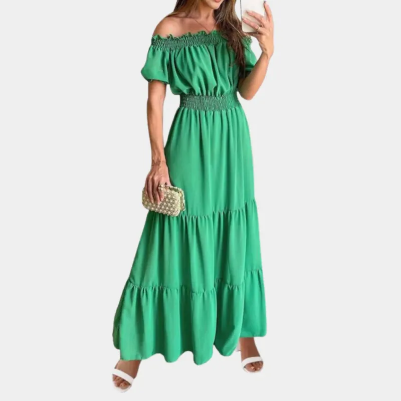 Off Shoulder Maxi Dress Ruched Waist Green Summer Dress - Product showcase