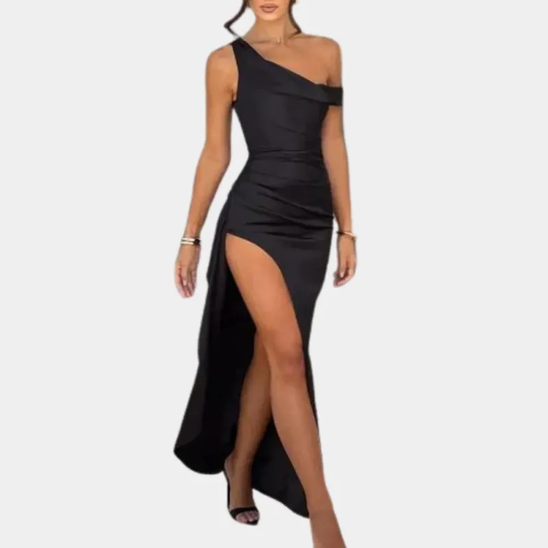 One Shoulder Evening Dress Asymmetric High Slit Design - Product showcase