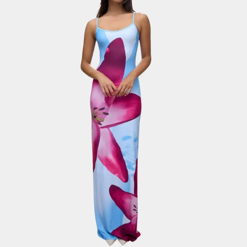 Floral Maxi Dress Sky Blue with Magenta Lily Print - Product showcase