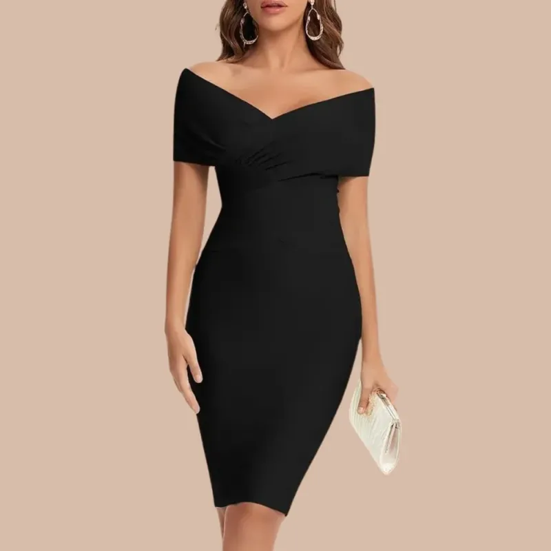 Classic Off-Shoulder Cocktail Dress V-Neck Bodycon Design - Product showcase