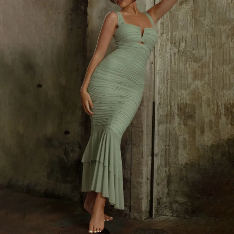 Fishtail Maxi Dress Ruched Square Neck Design - Product showcase