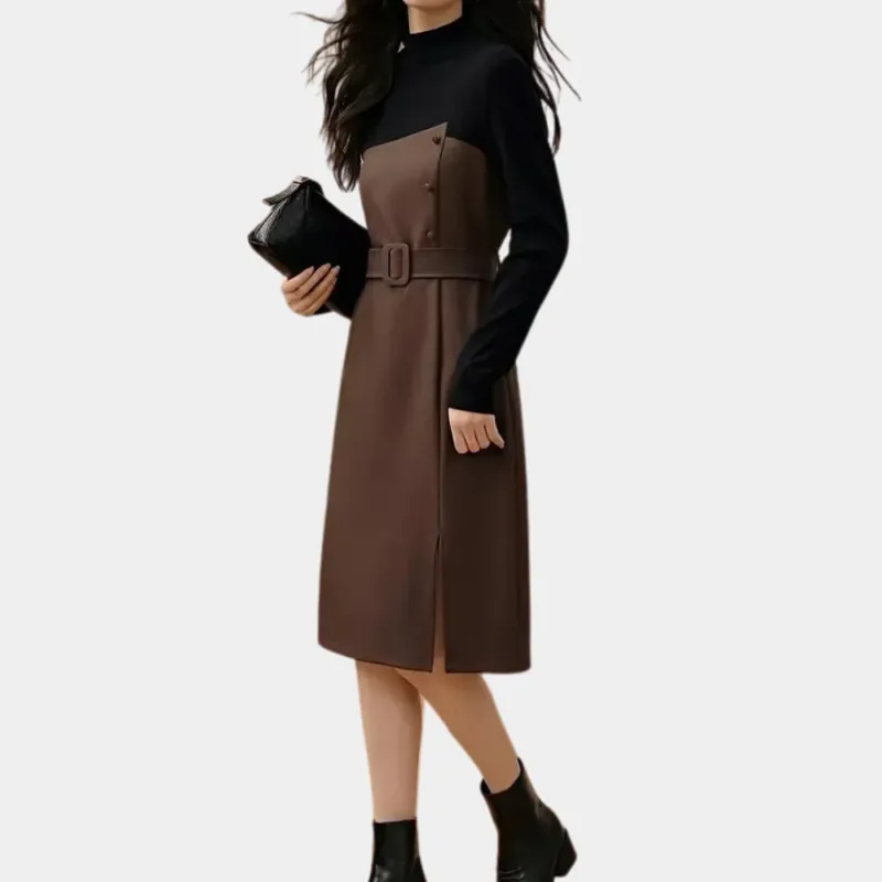 Color Block Midi Dress Belted Brown and Black Design - Product showcase