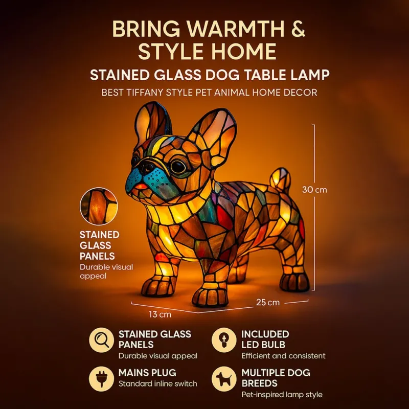 Tiffany Style Dog Table Lamp Stained Glass French Bulldog Design - Product example