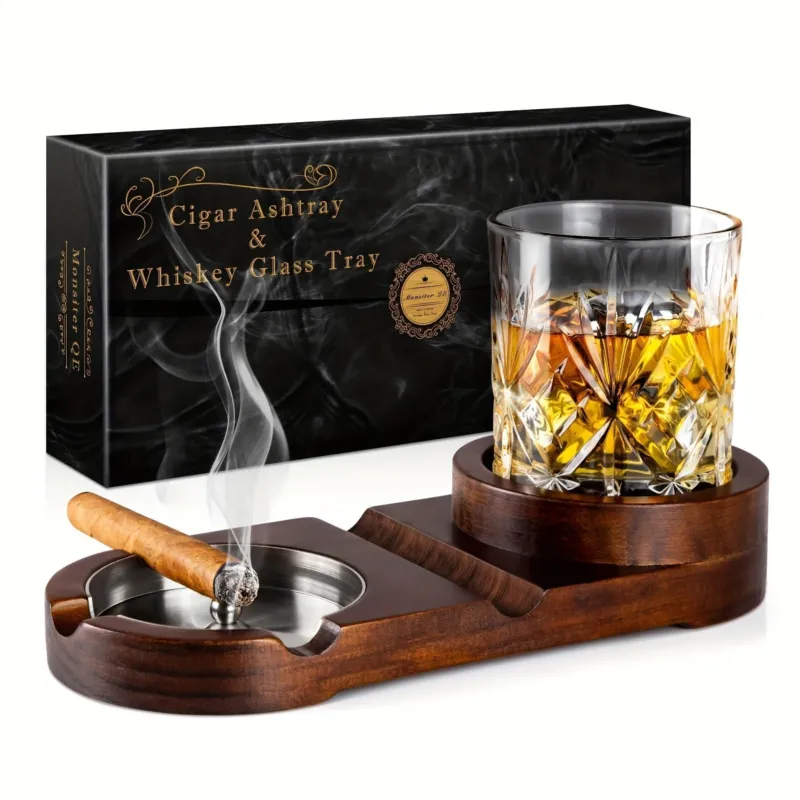Wooden Cigar Ashtray Crystal Whiskey Glass Tray Set - Product showcase