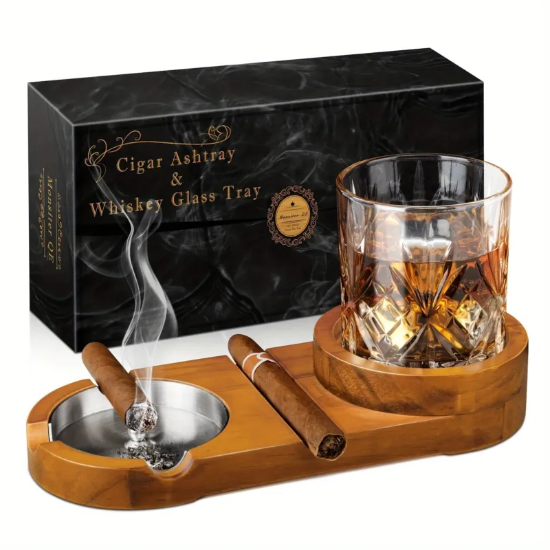 Wooden Cigar Ashtray Crystal Whiskey Glass Tray Set - Detailed view