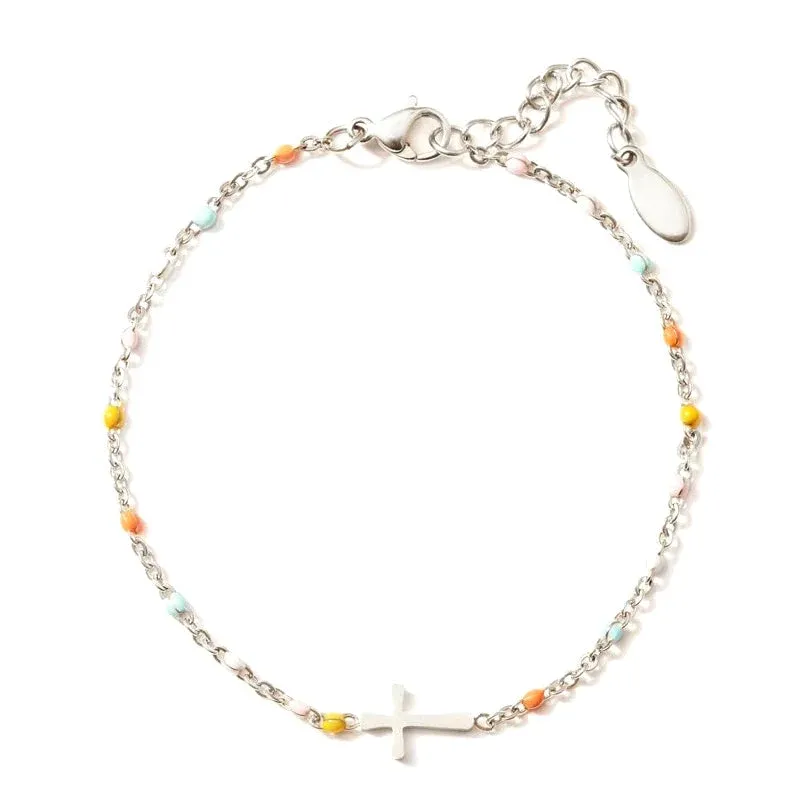 Cross Charm Bracelet Colorful Beaded Silver Chain - Product showcase