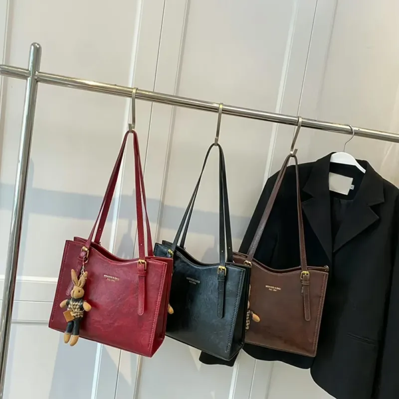 Black Tote Bag PU Leather with Rabbit Pendant Charm - Detailed view