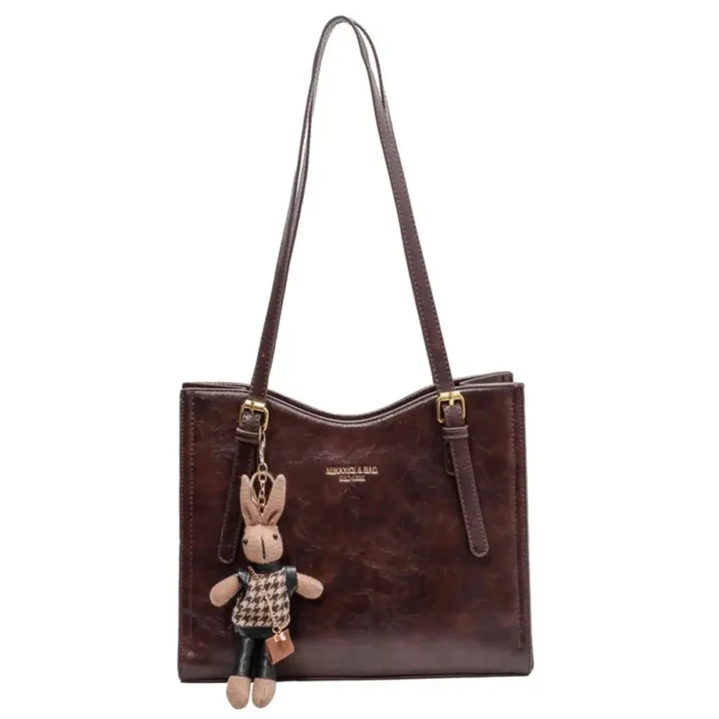 PU Leather Tote Bag Black Shoulder Bag with Rabbit Pendant - Product example
