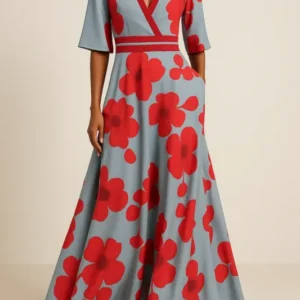 Floral Maxi Dress Grey Blue with Red Blooms V-Neck Design - Product showcase