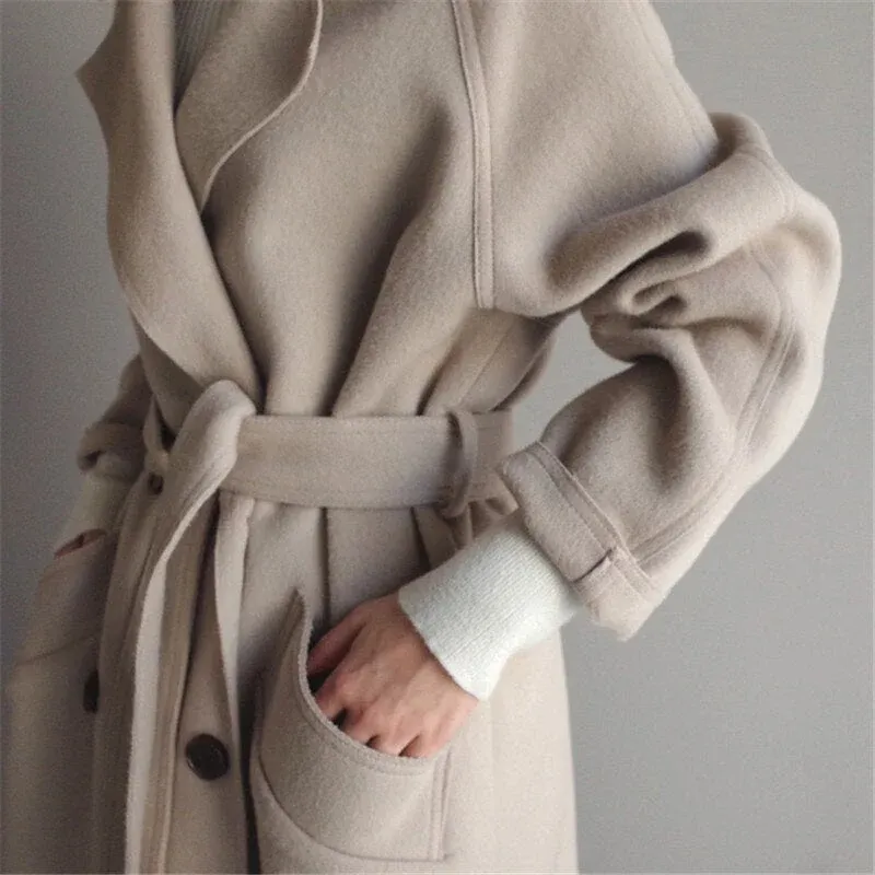 Minimalist Longline Coat Double-Breasted Wool Blend Winter - Detailed view