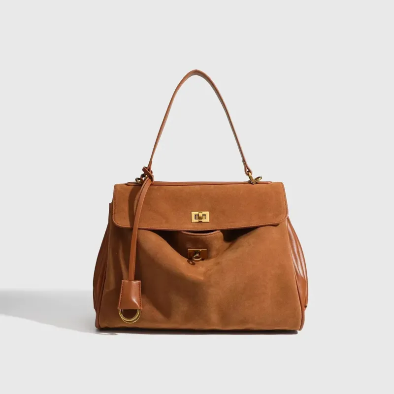 Classic Suede Kelly Bag Camel Leather Trim Design - Product showcase